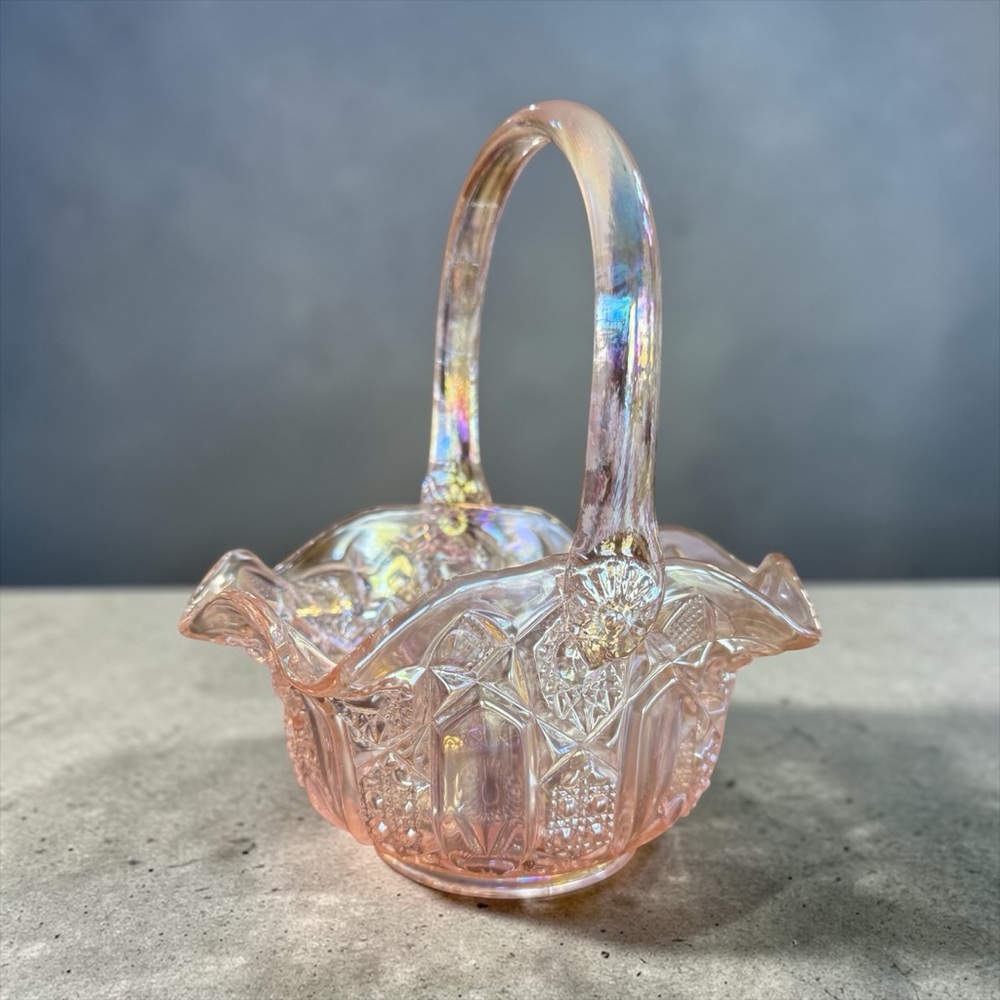 Vintage L.E. Smith Iridescent Pink Blush Glass Basket